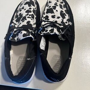 Hey Dude Women's Black & White Cow-Print Boat Shoes